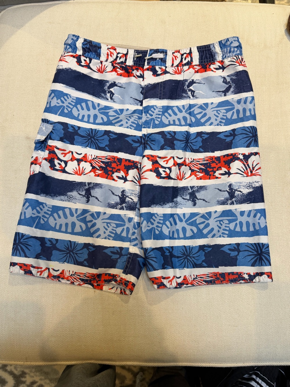 Red, White & Blue Tropical Stripe Youth Swim Trunks